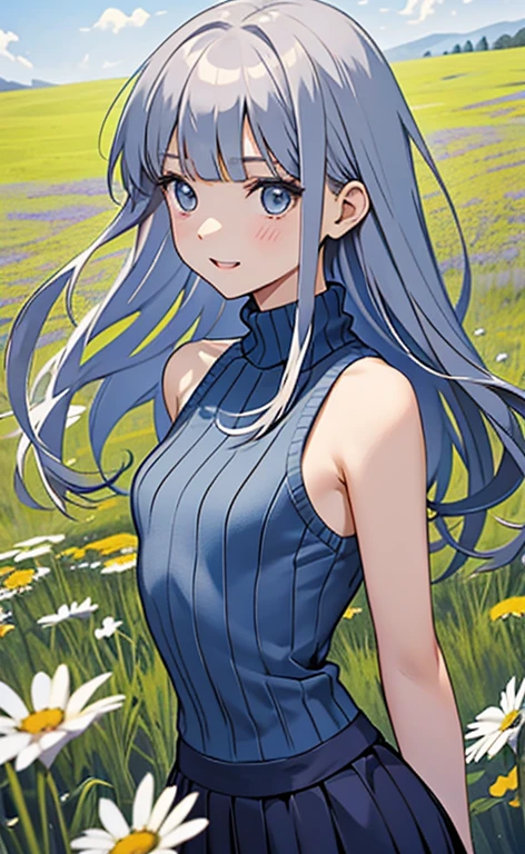 (masterpiece:1.4、top-quality、illustration)、(character focus、,upper body:1.3)、(1girl),(happy:1.3),(exact limbs:1.4),cute face,blue eyes、(tareme:1.3)、(arms behind back),
(looking afar),(stand:1.4),、
(blue grey hair),(long hair:1.5)、
,(meadow:1.3),(sleeveless turtleneck sweater:1.5),
(blunt bangs),(sidelocks:1.3), (small breasts)、
、slender、