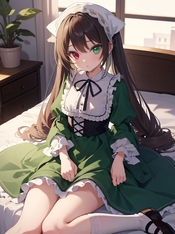 masterpiece, highest quality, Very detailed, 16k, Ultra-high resolution, Cowboy Shot, One -yeld gi Detailed face, Perfect Fingers, suiseiseki,  bonnet, head scarf, heterochromia, green dress, neck ribbon, twin drills, white socks, shoes, White panties, Western-style building, classical European style bedroom, Lie on your back