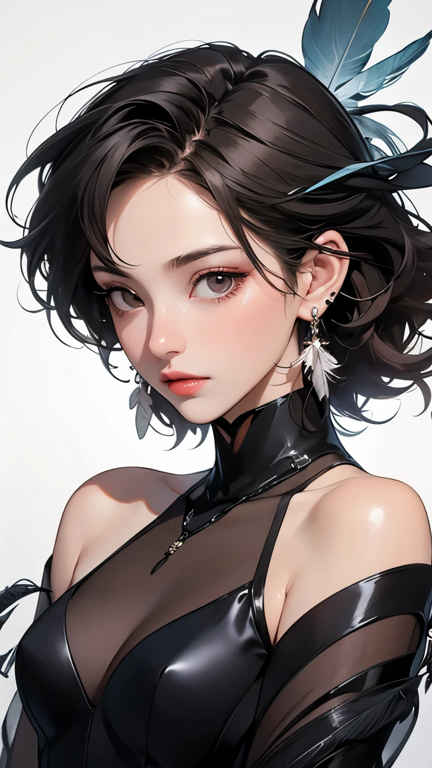 Small breasts, Exposing shoulders, short hair, Brown Hair, colored feather, metal ornaments, colored Flowers, particle, Light, (masterpiece, highest quality, Official Art, beautifully、aesthetic: 1.2), (1 girl: 1.3), Very detailed, (Fractal Art: 1.1), (Black gradient: 1.1) (Flowers: 1.3), Best details, (Tangled: 1.2), (Dynamic pose), (Abstract background: 1.3) , (Shiny skin), (Black gradient: 1.4), (Earrings: 1.4), (feather: 1.4)、((White Background))、((Blank Background))、