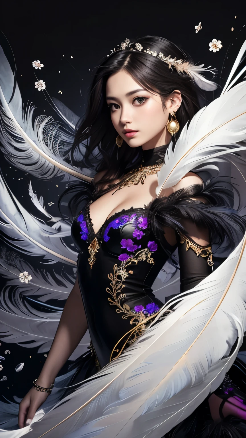 Small breasts, Exposing shoulders, short hair, Brown Hair, colored feather, metal ornaments, colored Flowers, particle, Light, (masterpiece, highest quality, Official Art, beautifully、aesthetic: 1.2), (1 girl: 1.3), Very detailed, (Fractal Art: 1.1), (Black gradient: 1.1) (Flowers: 1.3), Best details, (Tangled: 1.2), (Dynamic pose), (Abstract background: 1.3) , (Shiny skin), (Black gradient: 1.4), (Earrings: 1.4), (feather: 1.4)、((White Background))、((Blank Background))、