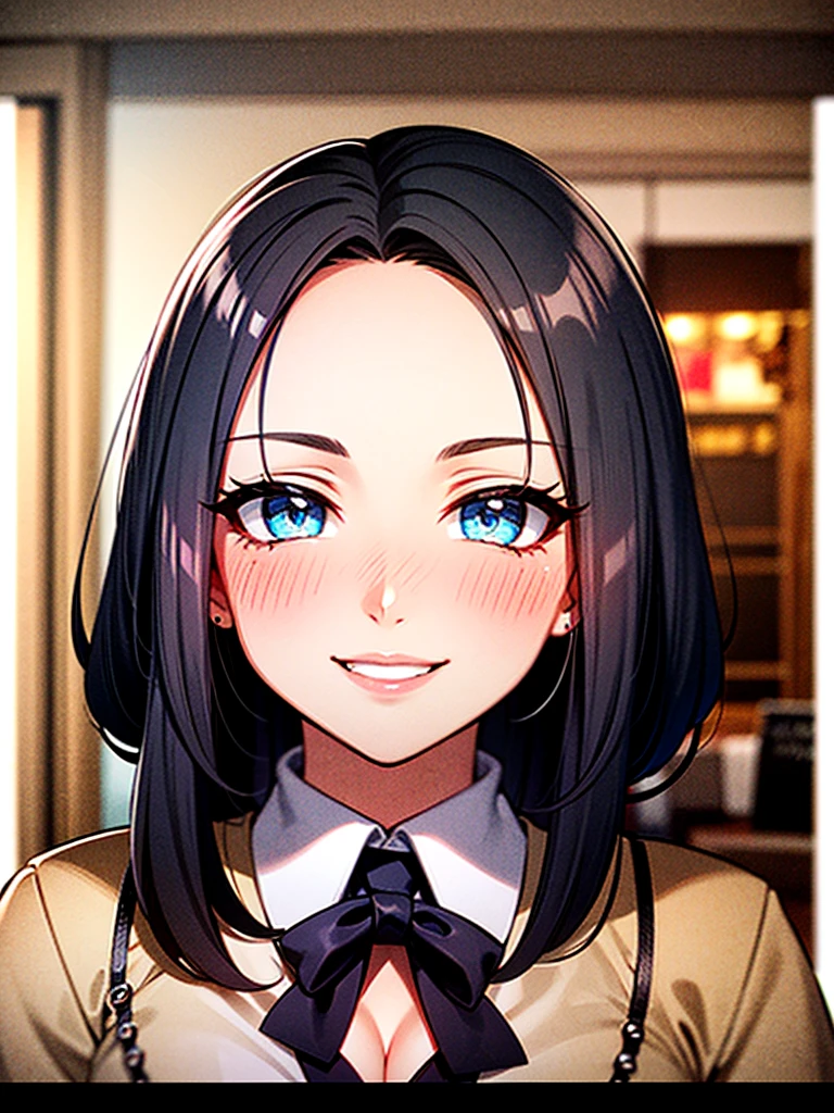 A girl, casual, sexy body, big breasts, cleavage, big hip, stockings, black pleated skirt with white line, white turtleneck shirt, smiling, blushing, beautiful face, detailed face, very detailed eyes, long black hair, blue eyes, full body, high quality, detailed background, high resolution, shopping mall