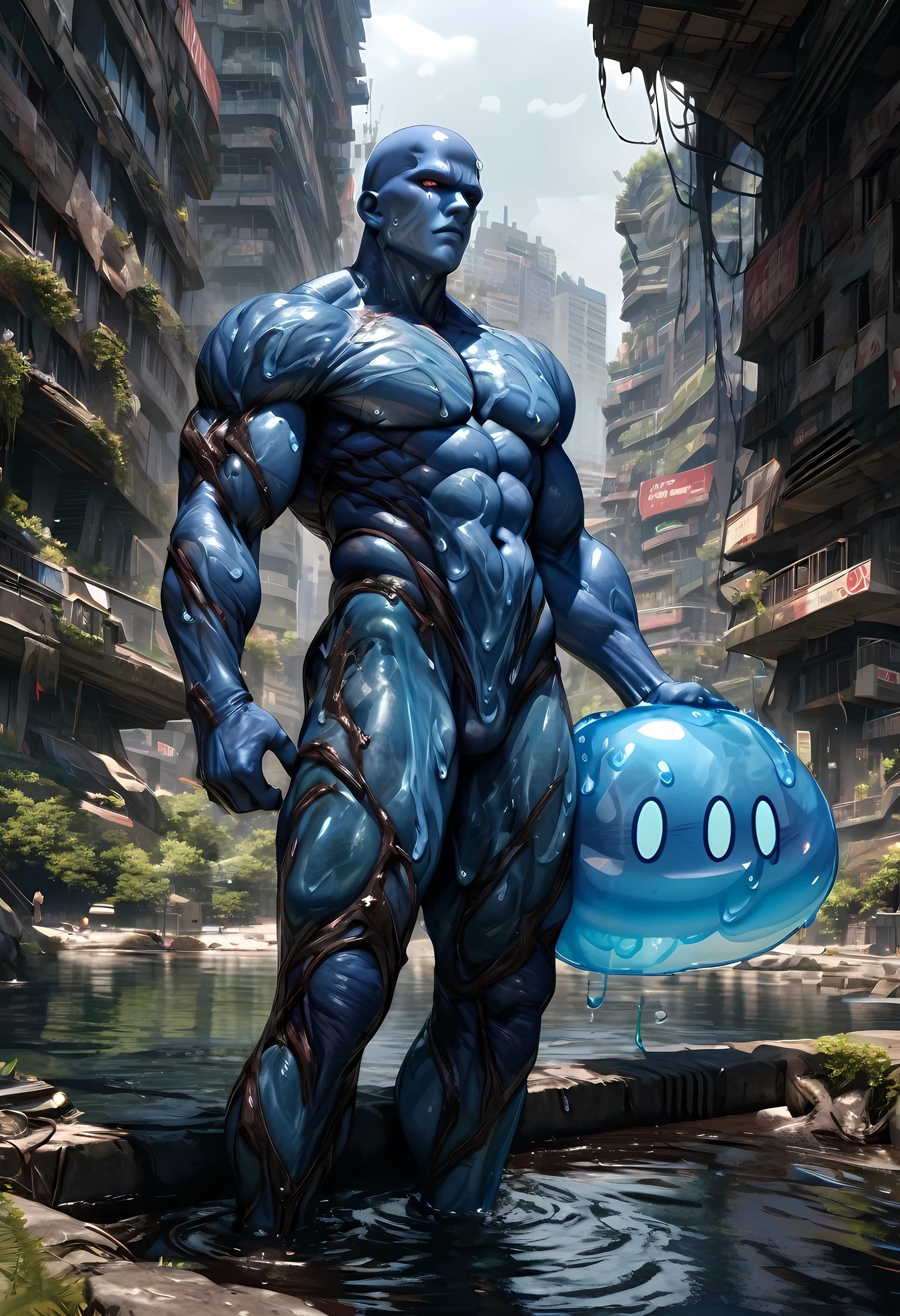 ((absurdres)) perfect whole body, ultra photorealistic, top quality, Photorealistic, ((16k UHD)) High Definition, high-res, ultra sharp, masterpiece, the best quality, intricate details, detailed eyes, perfect face detailed face, (((1male))) (((hyper pecs))) ((slime tentacles)) (((Blue skin Slime Body))) (((natural light)))  male muscular slime body, slime male, wet slime, transparent skin, slimy skin, liquid slime male, slime hair, (((Blue skin Slime Body))) soaked, liquid, tendrils, light blue sticky slime, thighs, Slime covered slime body, gay, yaoi, in a river, male slime man, slime bodybuilder, masculine, ((reflective skin)) ((glowing)) (((SUNNY WEATHER))), slimes, translucent skin, water drop, bubble, (((post apocalyptic city, desolate atmosphere, Dystopian landscape)))