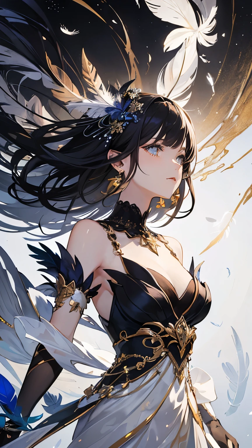 Small breasts, Exposing shoulders, short hair, Brown Hair, colored feather, metal ornaments, colored Flowers, particle, Light, (masterpiece, highest quality, Official Art, beautifully、aesthetic: 1.2), (1 girl: 1.3), Very detailed, (Fractal Art: 1.1), (Black gradient: 1.1) (Flowers: 1.3), Best details, (Tangled: 1.2), (Dynamic pose), (Abstract background: 1.3) , (Shiny skin), (Black gradient: 1.4), (Earrings: 1.4), (feather: 1.4)、((White Background))、((Blank Background))、