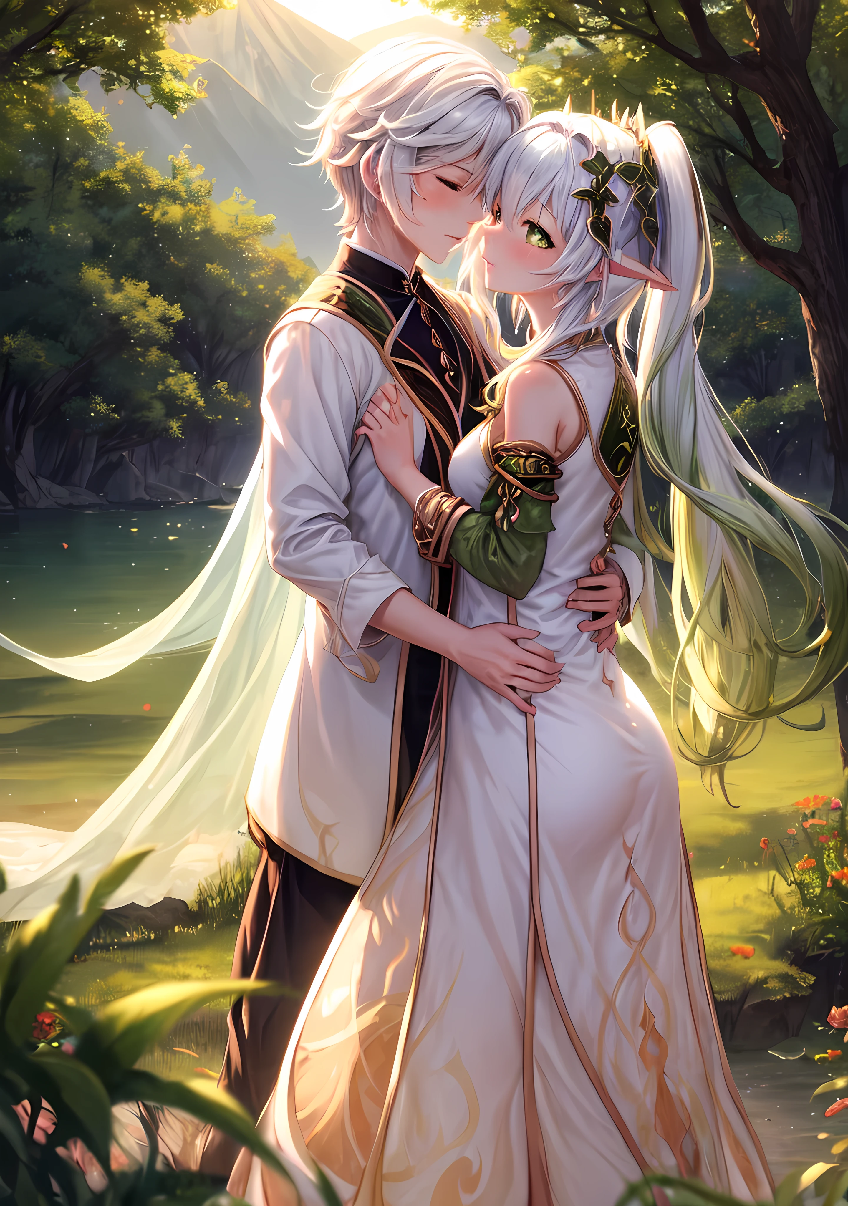 (best quality,4k,masterpiece:1.2), (Charater:Nahida genshin impact), romantic atmosphere,couple cuddling,sunset view,mountain background,Valentine's Day theme,vivid colors,sharp focus,soft lighting,glowing horizon,gentle breeze,love in the air,serene ambiance,sublime landscape,heart-shaped clouds,whispering trees,melting colors,soothing hues,warm hues,passionate embrace,eternal love,golden sunlight,warmth of love,gentle shadows,tranquil setting,blissful moment,lovers' paradise,emotional connection,unforgettable memory,sweet tenderness,magical aura,harmony and peace,serene love,sweet serenity,dreamlike beauty,sacred bond,unbreakable connection,perfect harmony,dancing hearts