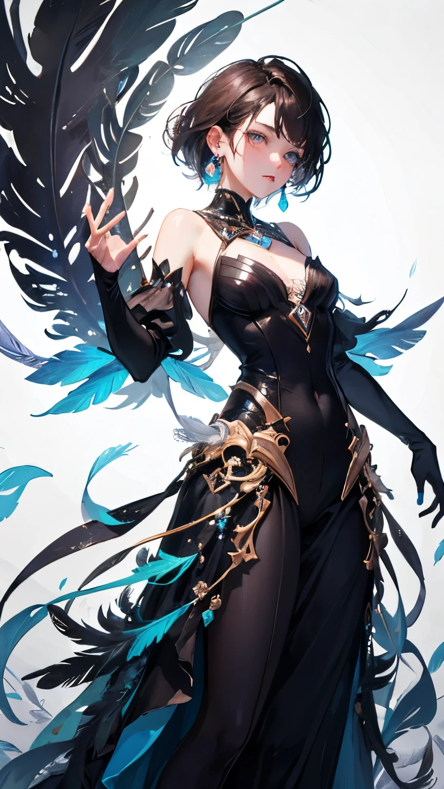Small breasts, Exposing shoulders, short hair, Brown Hair, colored feather, metal ornaments, colored Flowers, particle, Light, (masterpiece, highest quality, Official Art, beautifully、aesthetic: 1.2), (1 girl: 1.3), Very detailed, (Fractal Art: 1.1), (Black gradient: 1.1) (Flowers: 1.3), Best details, (Tangled: 1.2), (Dynamic pose), (Abstract background: 1.3) , (Shiny skin), (Black gradient: 1.4), (Earrings: 1.4), (feather: 1.4)、((White Background))、((Blank Background))、