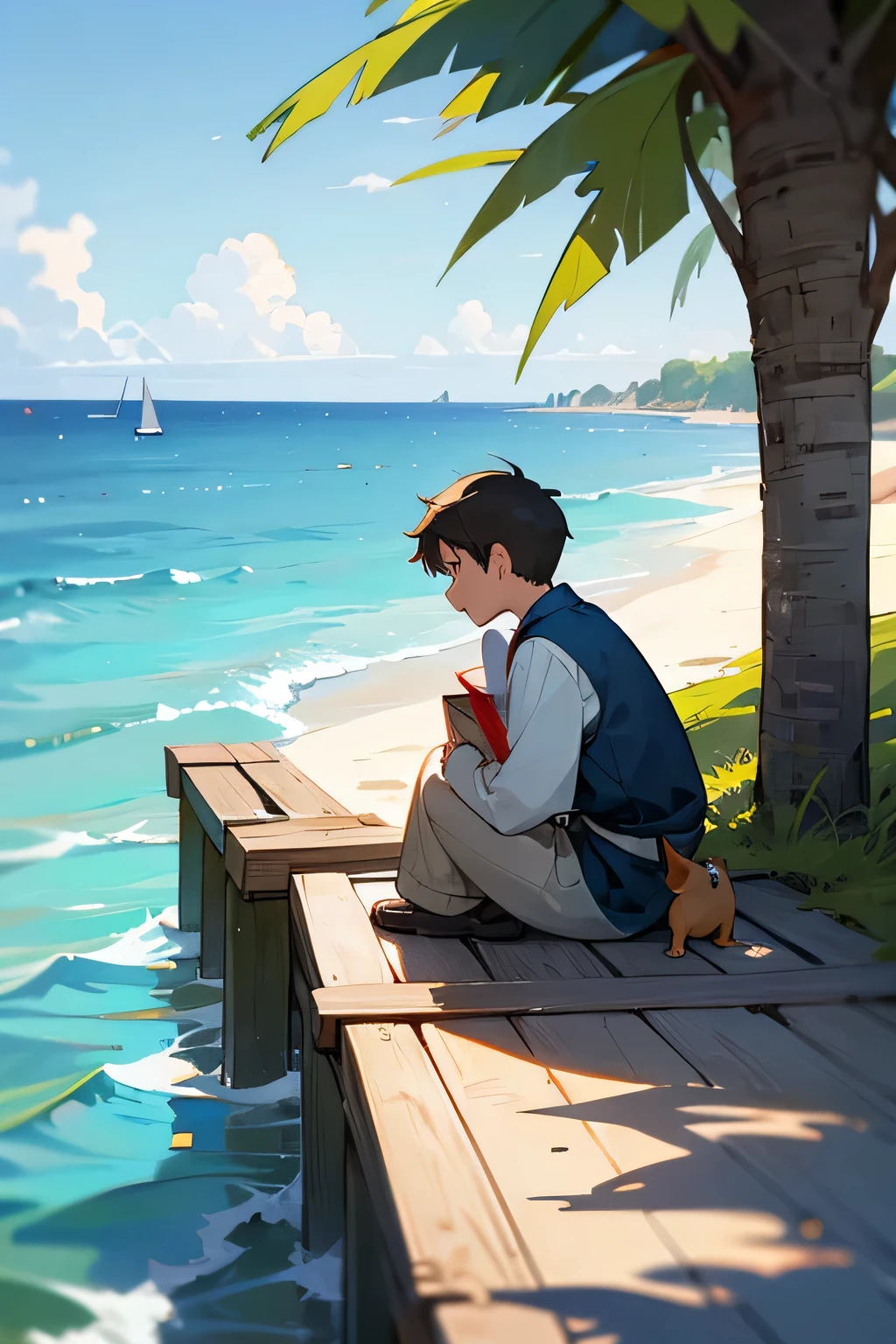 1 boy,Sit by the sea,There is a small dog by his side