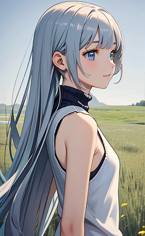 (masterpiece:1.4、top-quality、illustration)、(character focus、,upper body:1.3)、(1girl),(happy:1.3),(exact limbs:1.4),cute face,blue eyes、(tareme:1.3)、(arms behind back),
(from side,looking afar:1.5),(stand:1.4),、
(blue grey hair),(long hair:1.5)、
,(meadow:1.3),（sleeveless turtleneck sweater:1.5),
(blunt bangs),(sidelocks:1.3), (small breasts)、
、slender、