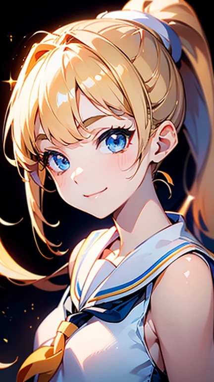Best quality , masterpiece, Portrait、、Bright expression、ponytail、Young, shiny, white, glossy skin、Gloss Face、Shining Cheek Gloss、Small Face Beauty、The best beauty、The dazzling light of blonde hair、Bright blonde hair with dazzling highlights、Very beautiful shiny light blonde hair、super long silky straight hair、Her shiny, beautiful bangs are covering her eyes.、Sparkling, clear, attractive, bright, large, pale blue eyes、Very big eyes、eyeliner、very beautiful lovely cute 16 year old girl、young girl, Ample Bust, upper body , (smile:1.2) , ((((sailor suit , ponytail )))),in school