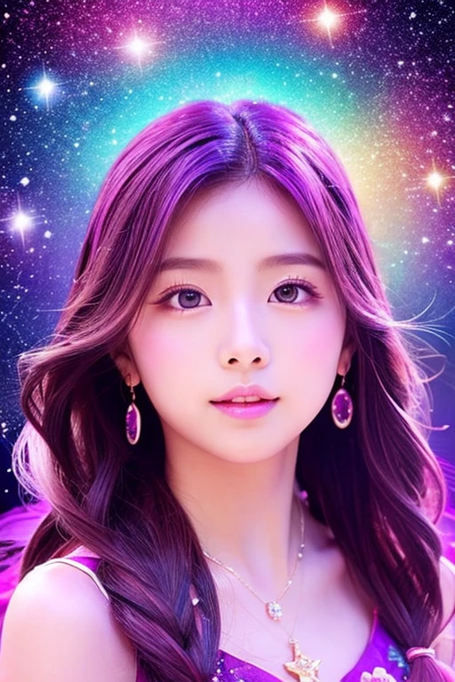 The background is hard space war、The main background colors are purple and pink、Add some zodiac sign inspiration to the background、
Bewitching beauty、very sexy young perfect Japanese