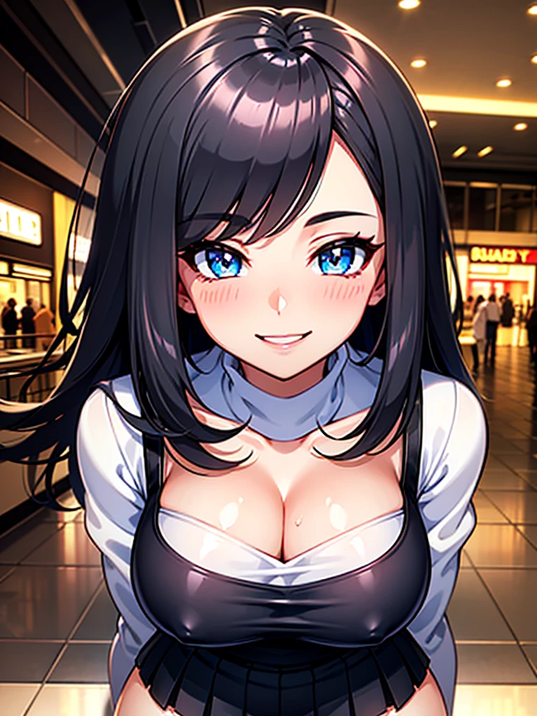 A girl, casual, sexy body, big breasts, cleavage, big hip, stockings, black pleated skirt with white line, white turtleneck shirt, smiling, blushing, beautiful face, detailed face, very detailed eyes, long black hair, blue eyes, full body, high quality, detailed background, high resolution, shopping mall