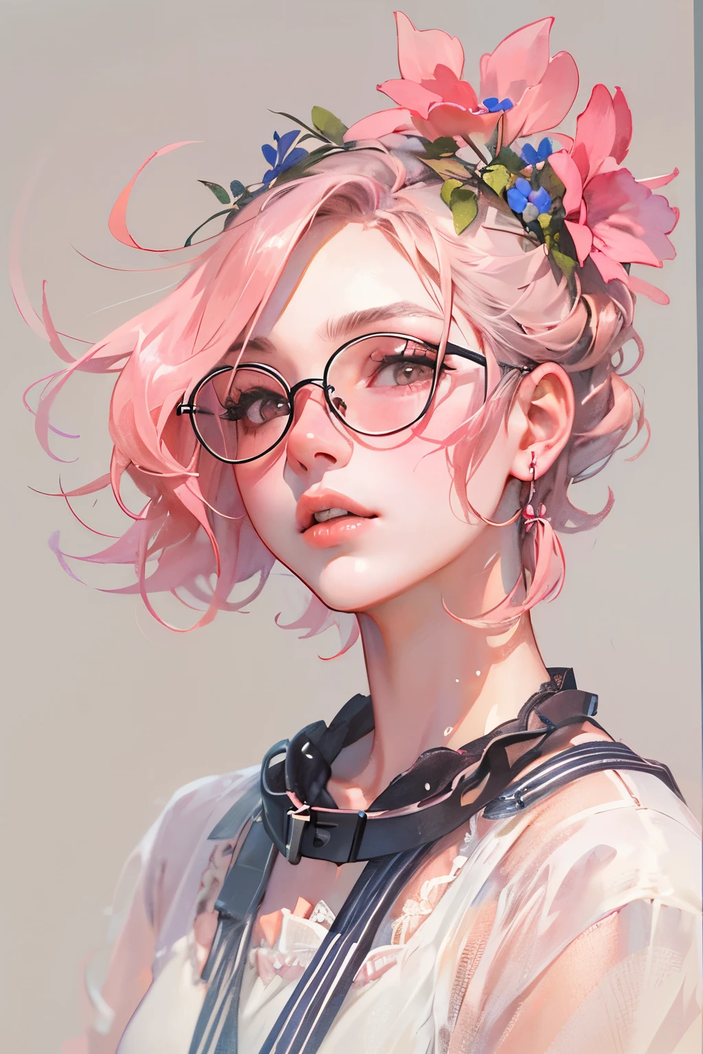 (highest quality、masterpiece)、(Concept Art)、(Avatar)、(icon)、((One Woman))、((alone))、 (Upper Body)、short hair, (Shiny skin:1.2), Glasses, Modern, wavy pink hair, pink suspenders, Put a flower on your ear, Harajuku Style, hairpin, (Soft Light)、(Soft Shading)、 (pastel colour)、(ink)、(Sketch Style)、(Bright)、(Sargent-style watercolor)、(Edmund Leighton Style)、((White Background))、((Blank Background))、