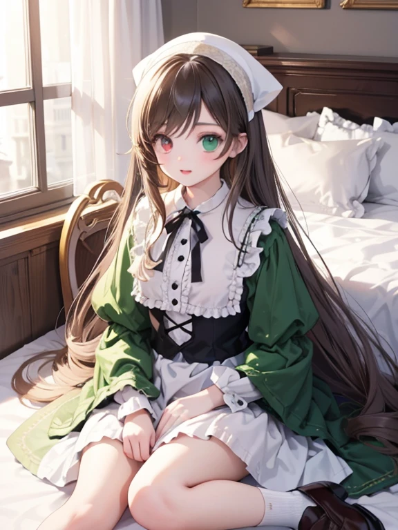 masterpiece, highest quality, Very detailed, 16k, Ultra-high resolution, Cowboy Shot, One 12-year-old girl, Detailed face, Perfect Fingers, suiseiseki,  bonnet, head scarf, heterochromia, green dress, neck ribbon, twin drills, white socks, shoes, Western-style building, classical European style bedroom, Lying down