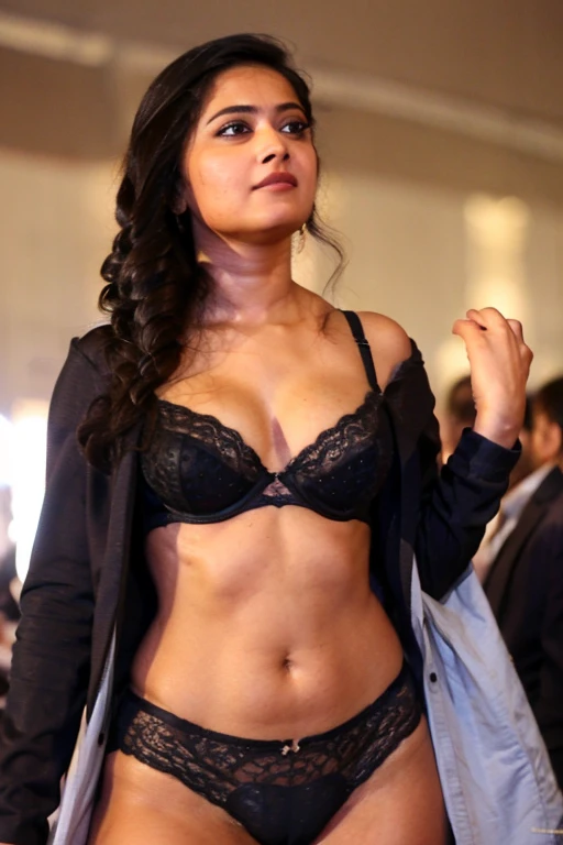 photography of a 20yo woman, rashmika mandhana perfect face, masterpiece, bra, underwear, black_bra, jacket, black_panties