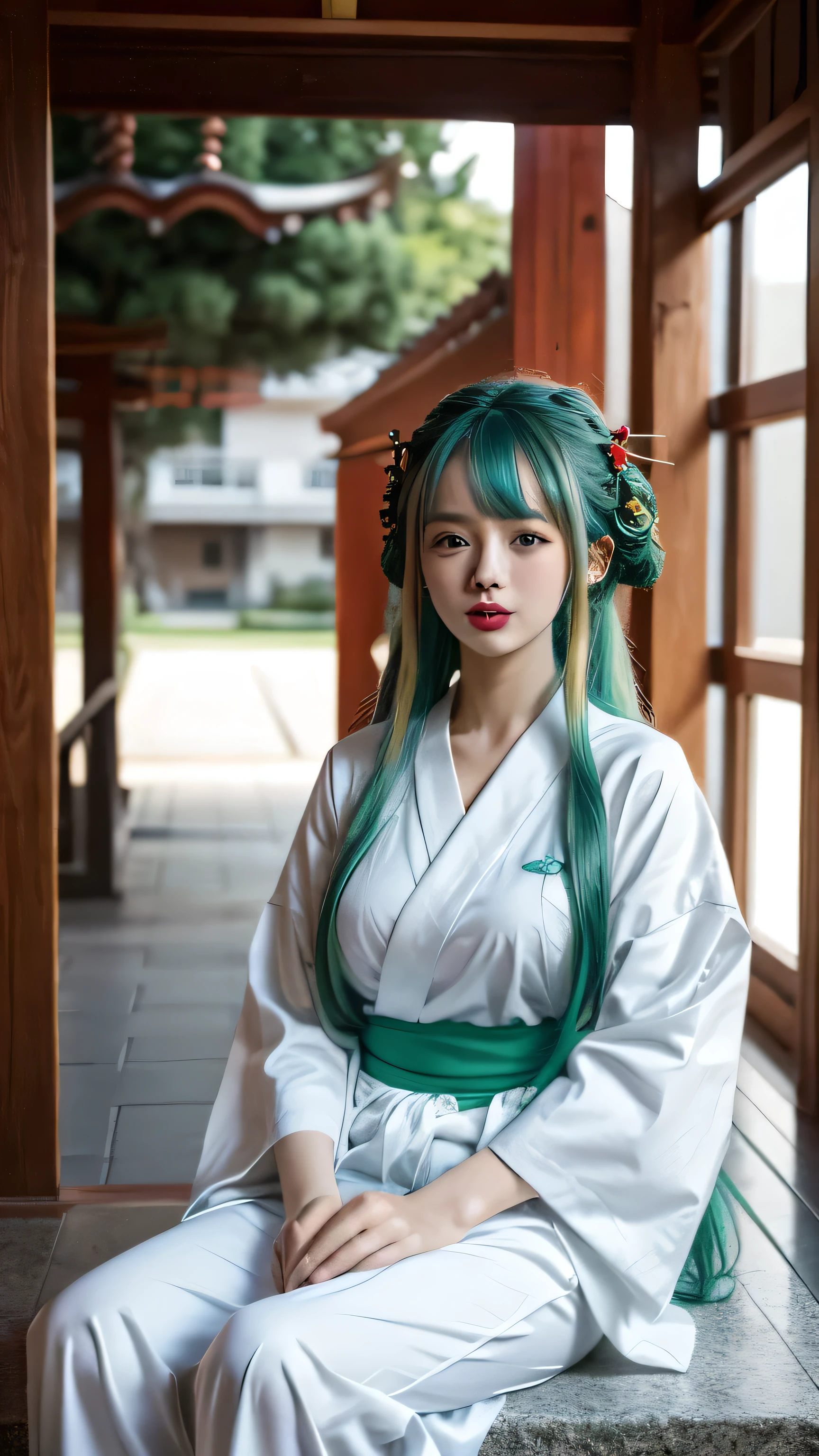 Full body of a person with long hair and white yukata clothes, Hiyori Kozuki, Hiyori Kozuki from anime one piece, as an Anime characters, realistic anime face, she has Green Hair with bangs, female Anime characters, Anime characters, Anime Best Girl, Red lips, Hime cut hairstyle, Green Hair, (Red glossy lips:1.3), Green Eyes, smile, Realistic, Super detailed, Japanese temple Background, (Beautiful Face:1.3)