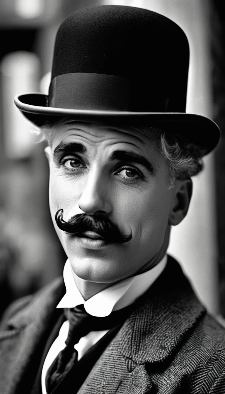 (Charlie Chaplin),black and white,monochrome,old movie,characteristic bowler hat and cane,expressive facial features,slapstick comedy,mustache,funny walk,no sound,vintage film grain flickering,retro style,classic actor,charming and iconic,image quality(masterpiece:1.2),high contrast,grainy texture,vintage film aesthetics,detailed clothing and accessories,historical setting,old-fashioned street scenery,comedic expression and gestures,vintage camera movements,classic silent movie era,vivid monochrome tones,classic Hollywood elegance