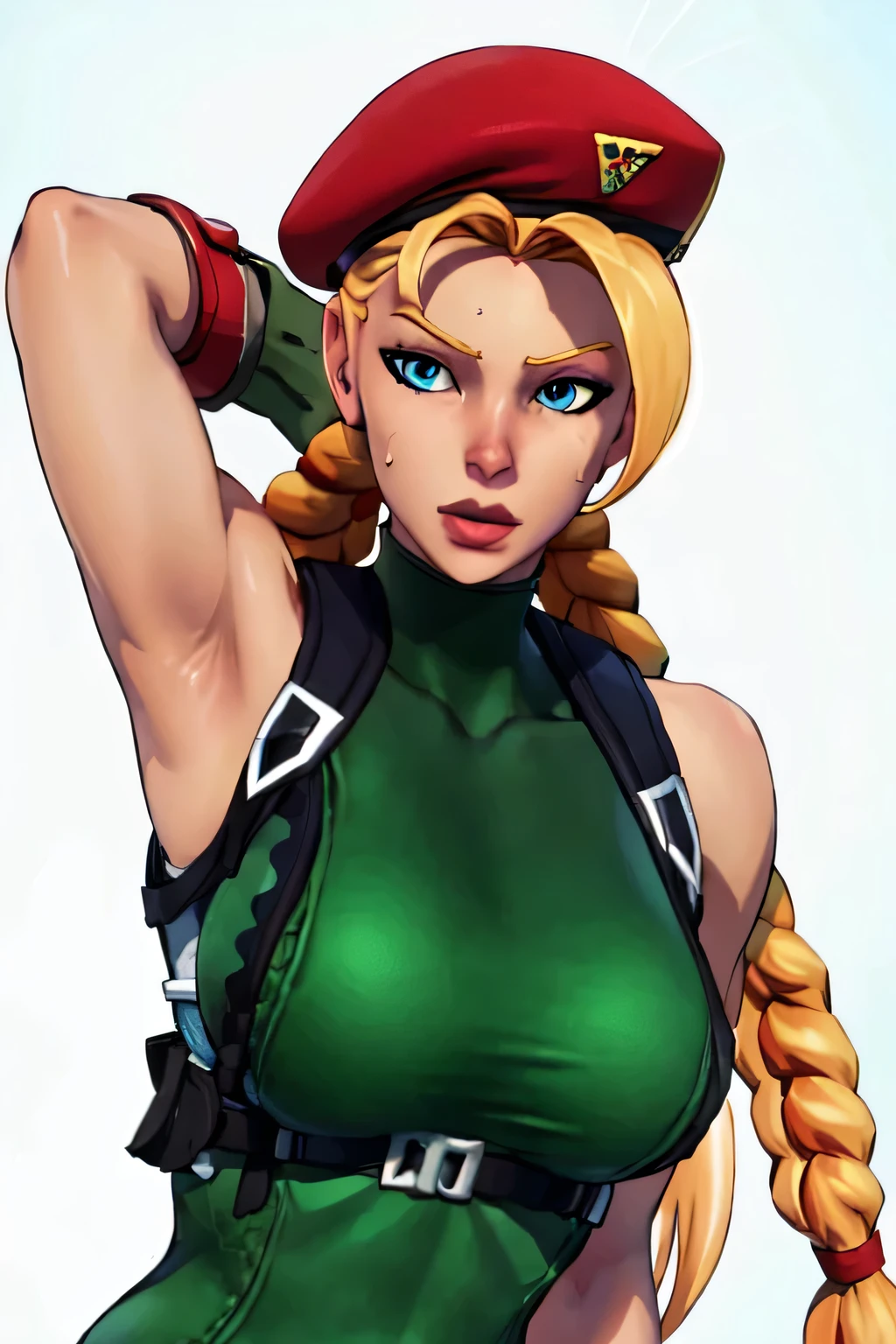 masterpiece,best quality,extreme detail,8k,cammyfn, 1girl, solo, long hair, breasts, blue eyes, blonde hair, large breasts, gloves, hat, upper body, braid, ahoge, twin braids, leotard, lips, makeup, beret, scar, antenna hair, nose, harness, huge ahoge, green leotard,sleeveless,arms behind head,armpit,armpits,sweaty,sweat,arms behind head,exhausted,sleeveless,cross eyed,sweaty armpits