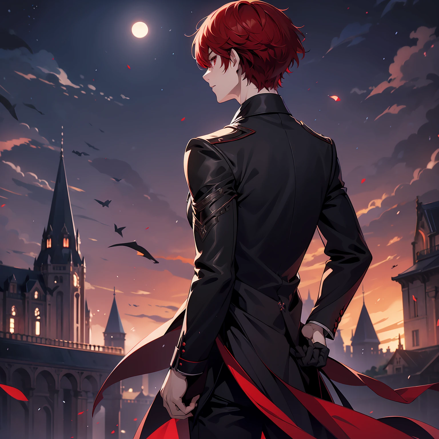 1boy, short red hair, dark red eyes, wearing all black suit, castle, dark purple lights, full moon, high res, ultrasharp, 8k, masterpiece, looking at viewer from behind