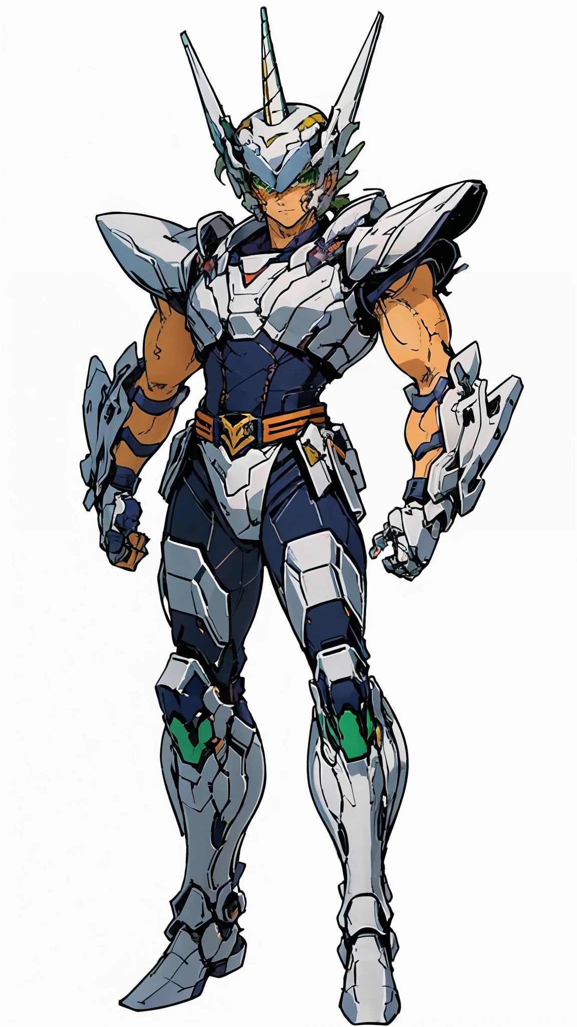 A man wearing a full-face helmet, a fantasy-style biotech armored combat suit, green eyes, (a composite layered chest armor), fully enclosed shoulder guards, matching arm and leg guards, the belt is adorned with Horseshoe-shaped marker, (the color scheme is primarily white with green accents), the design balances heavy with agility, a high-tech bio-mecha armor, (Armor Concept Inspired by Unicorn, stand on the top of a skyscraper in a futuristic sci-fi city), this character embodies a finely crafted fantasy-surreal style armored hero in anime style, exquisite and mature manga art style, (battle damage, element, plasma, energy, the armor glows), ((male:1.5)), metallic, real texture material, dramatic, high definition, best quality, highres, ultra-detailed, ultra-fine painting, extremely delicate, professional, perfect body proportions, golden ratio, anatomically correct, symmetrical face, extremely detailed eyes and face, high quality eyes, creativity, RAW photo, UHD, 32k, Natural light, cinematic lighting, masterpiece-anatomy-perfect, masterpiece:1.5