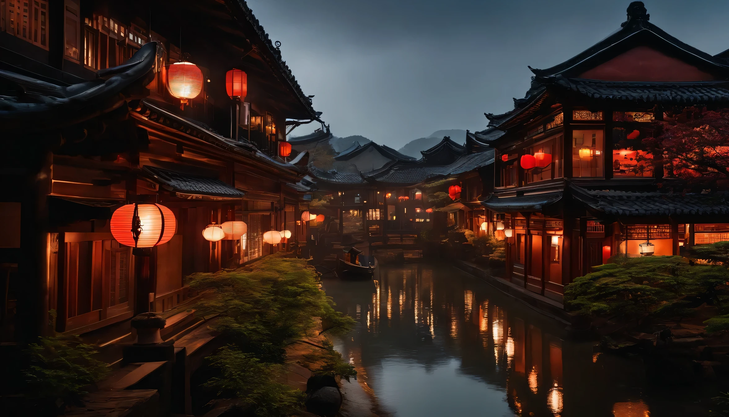A view of the village with many lights on the buildings, Dreamy city in China, Chinese Village, Awesome Wallpapers, Japanese Street, Japanese Village, Ultra-realistic town photograph, Old Asian Village, Japanese cities, Raymond Han, Rainy night, Cyberpunk Chinese Ancient Castle, Beautifully illuminated building, Rainy Evening, beautifully、aesthetic, photograph, Cinematic, 8k, Detailed ((heavy rain)))