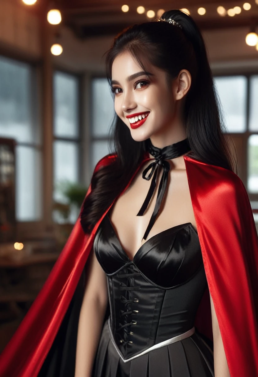 Vampyfangs1,(RAW photo) , 1girl, cute, 20 years old, long black hair in ponytail, smiling, look at viewer, ((((silver and red ined satin cape tied at the neck)))+++, side spilt skirt , photo, realistic, best quality, hires, detailed face, detailed background, diffused lighting, depth of field, bokeh