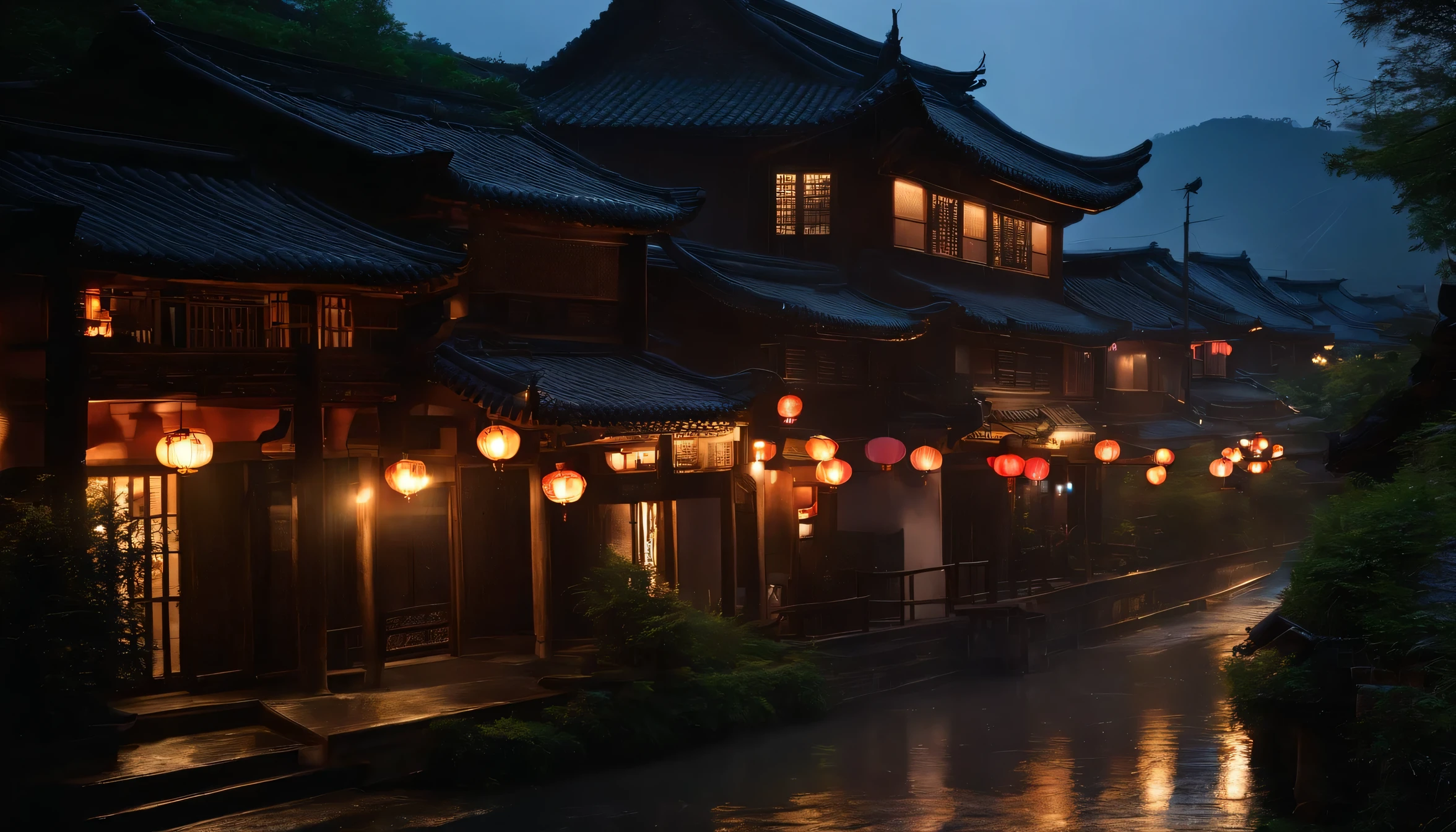 A view of the village with many lights on the buildings, Dreamy city in China, Chinese Village, Awesome Wallpapers, Japanese Street, Japanese Village, Ultra-realistic town photograph, Old Asian Village, Japanese cities, Raymond Han, Rainy night, Cyberpunk Chinese Ancient Castle, Beautifully illuminated building, Rainy Evening, beautifully、aesthetic, photograph, Cinematic, 8k, Detailed ((heavy rain)))