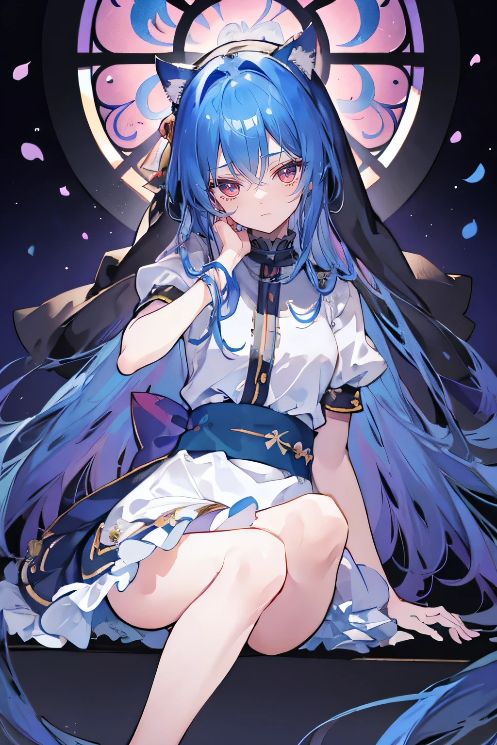 (masterpiece:1.2),Extremely detailed,Practical,expressive eyes,Fair skin,Perfect face shaping,1 Girl,
Japanese cartoons,Gorgeous blue hair, the long flowing blue hair,Floating clothes,Cat ears,Petals fall,beautiful lola,Young Angel,
Place your hands on your waist,sit elegantly on the ground,Cross your legs,Gentle and peaceful background,church,nun.