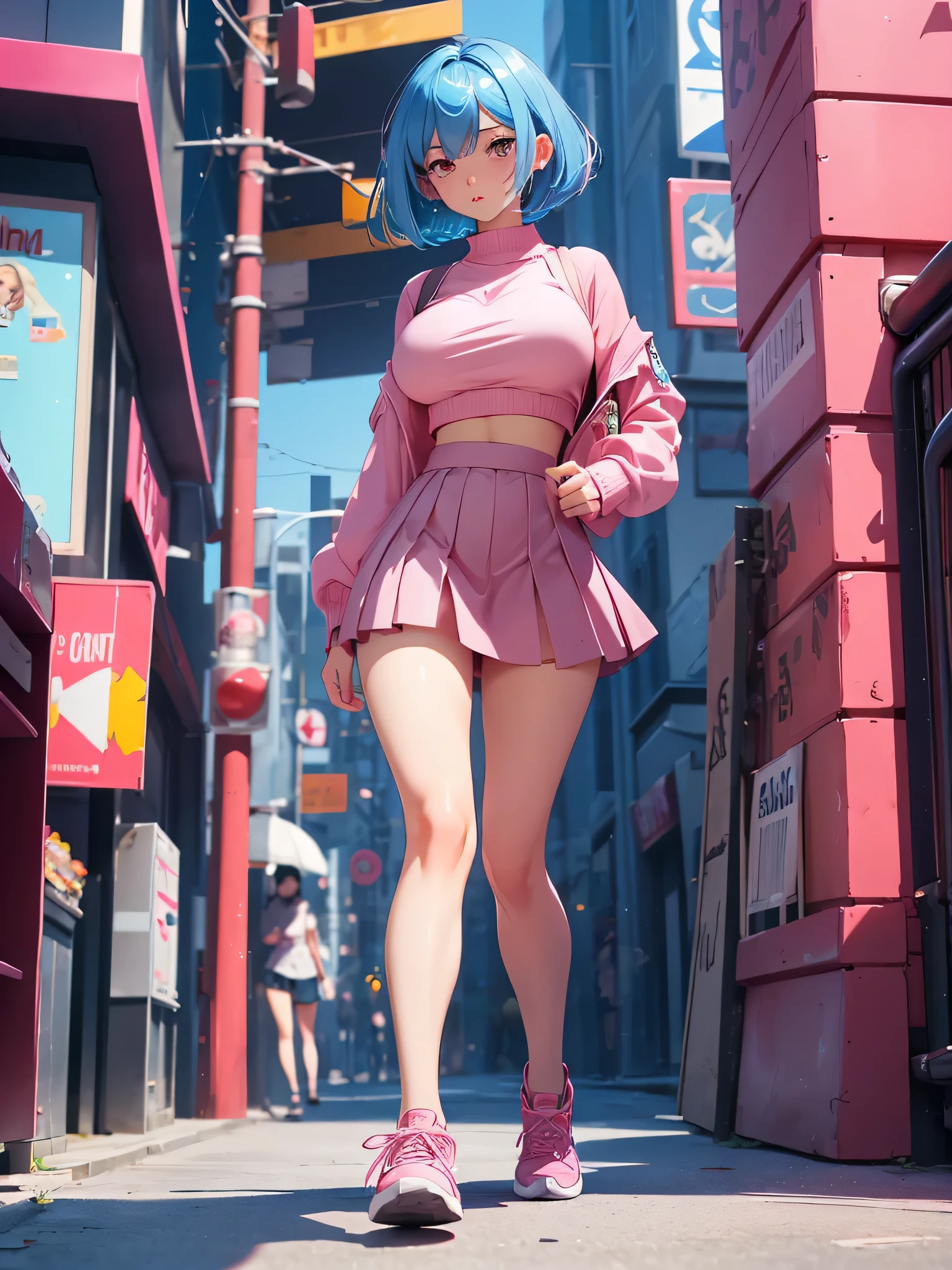 girl, short skirt, pink clothes, very short skirt, very short crop top, shiny skin, long legs, (full body), (big breasts, big hips), short hair, blue hair, naughty face, walking towards the camera, color background