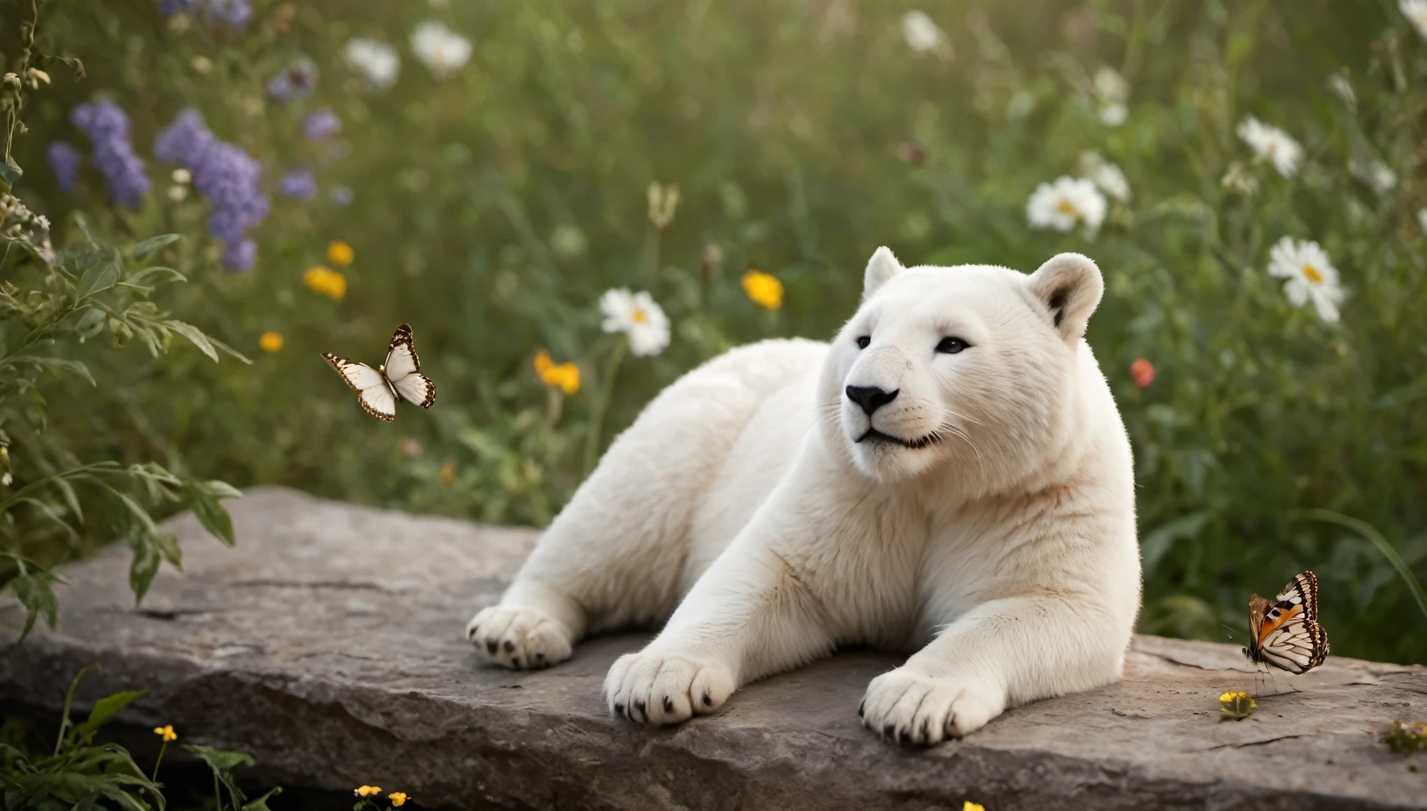 cinematic film still photo, realism, detailed
life fantasy (polarbear:.5:tigerl:.24) sitting, on intricate stoneboard, looking happy, picking flowers butterflies
. shallow depth of field, vignette, highly detailed, high budget, bokeh, cinemascope, moody, epic, gorgeous, film grain, grainy