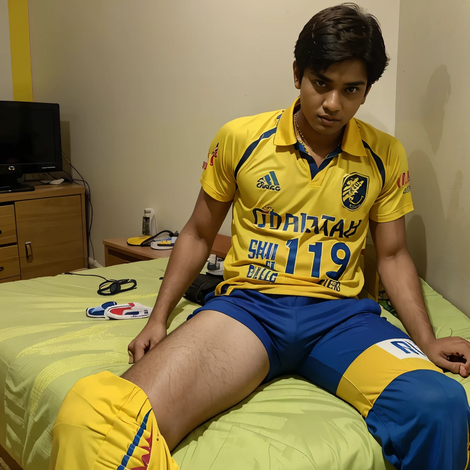 A age boy sitting in his room watching csk ipl cricket match on tv , the boy is wearing a chennai super kings jersey and Sanjivi name and number 19 writting on it in 2d cartoon