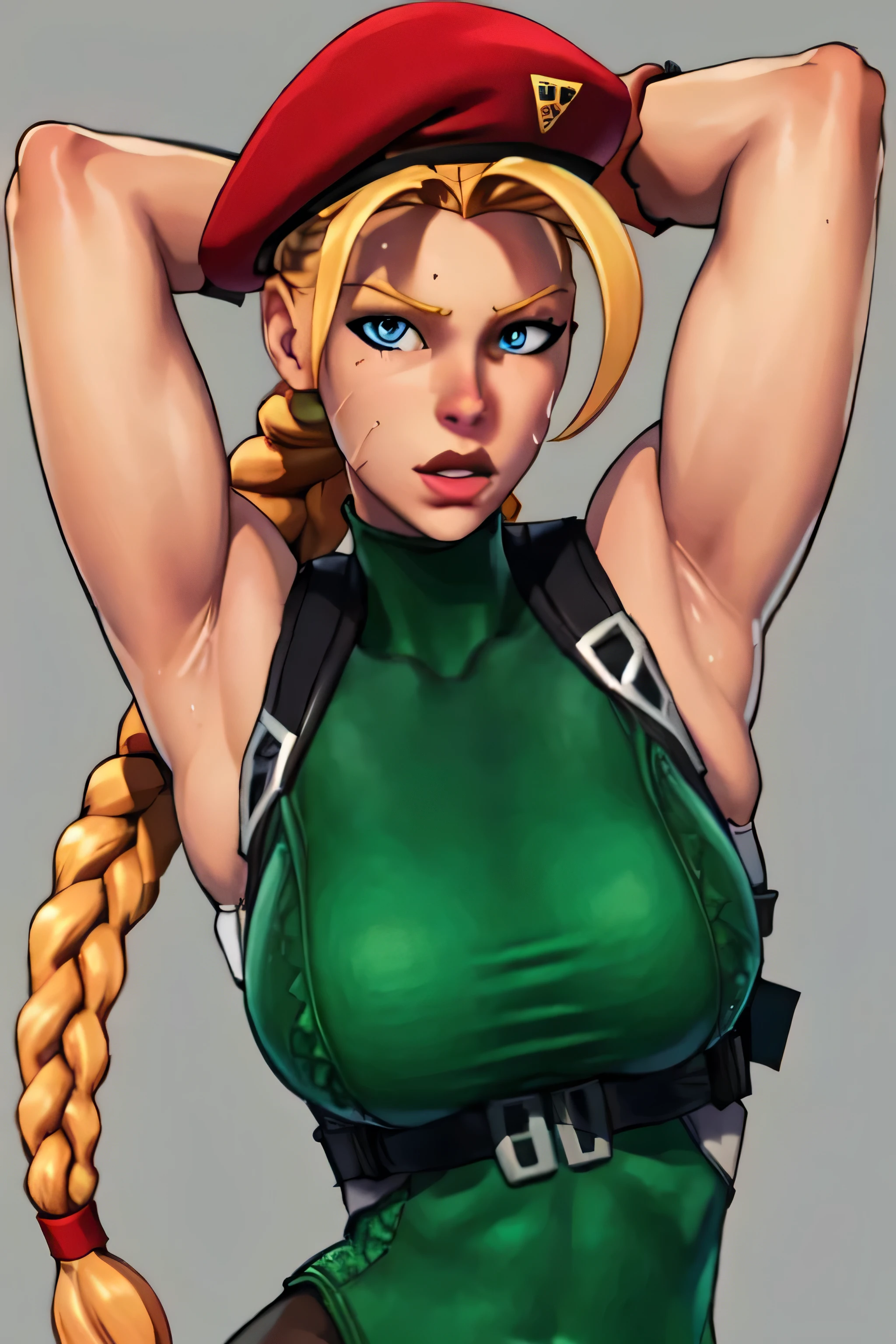 masterpiece,best quality,extreme detail,8k,cammyfn, 1girl, solo, long hair, breasts, blue eyes, blonde hair, large breasts, gloves, hat, upper body, braid, ahoge, twin braids, leotard, lips, makeup, beret, scar, antenna hair, nose, harness, huge ahoge, green leotard,sleeveless,arms behind head,armpit,armpits,sweaty,sweat,arms behind head,exhausted,sleeveless,cross eyed,sweaty armpits