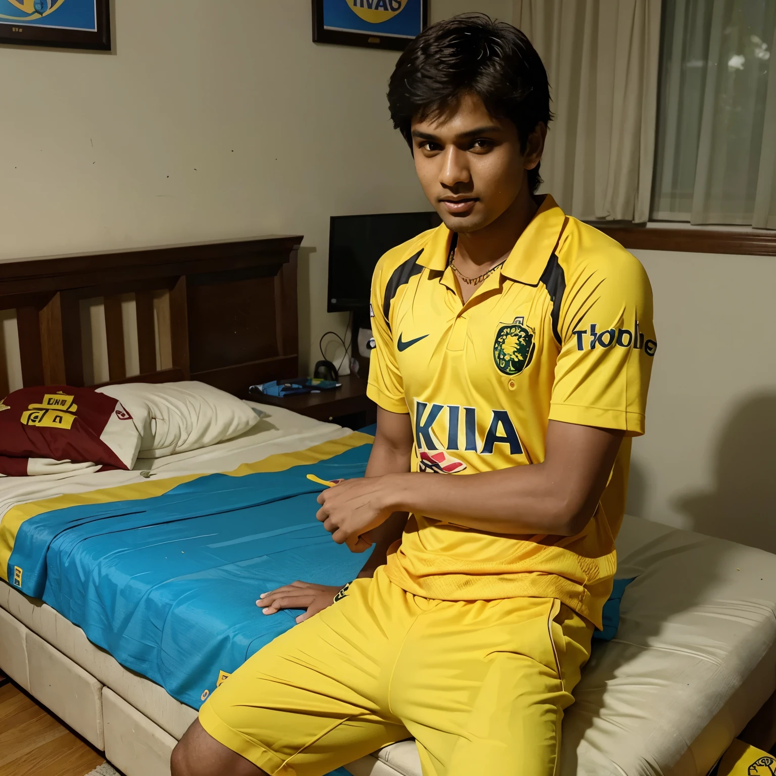18years"boy" wearinga " csk" ipl,2024 jersey with the name "Subrata" and the number 7 printed on. The person is sitting on a dart surface, possibly a har bed, and watching IPL cricist on a at couch s screen television Rectatic pictures, is petures "Subrata