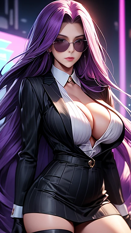 highest quality,masterpiece,High resolution,only,{Black business suit:1.40},{tie:1.20},{sunglasses:1.25},{White gloves:1.15},{ White shirt:1.10}, {Black Skirt:1.15}, good looking, {Medusa_FGO:1.15}, length_hair, purple_hair, very_length_hair, purple_eye, chest, big_chest、Camel Toe、Giant tit、Nipple Puffs、Cleavage、Plump、Super big breasts、Super big butt、sexy、sexyポーズ、lure