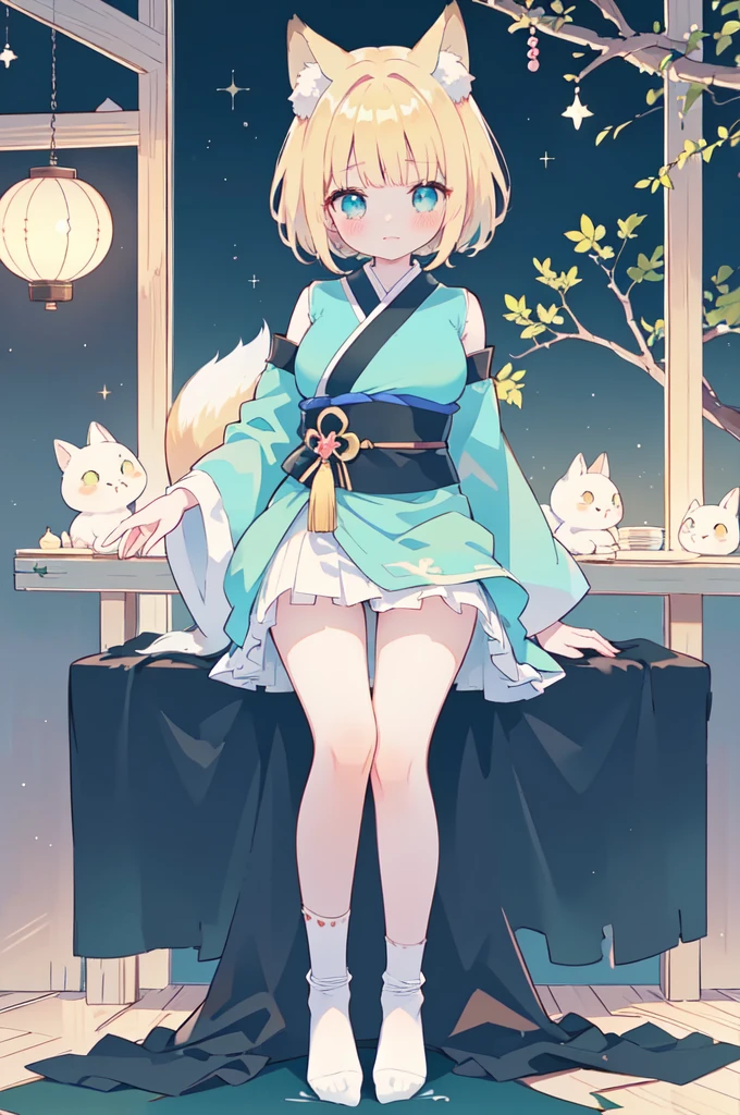 harem, idol, yuri, kawaii, bishoujo, masterpiece,best quality,official art,extremely detailed CG unity 8k wallpaper, original, short hair, blonde hair, blunt bangs, beautiful detailed eyes, aqua eyes, fox_ears, embarrassed , blush, shy, blue eyes, green eyes, huge breasts, obi, japanese_clothes, detached_sleeves, Black Silk Stockings and White socks, no shoes,