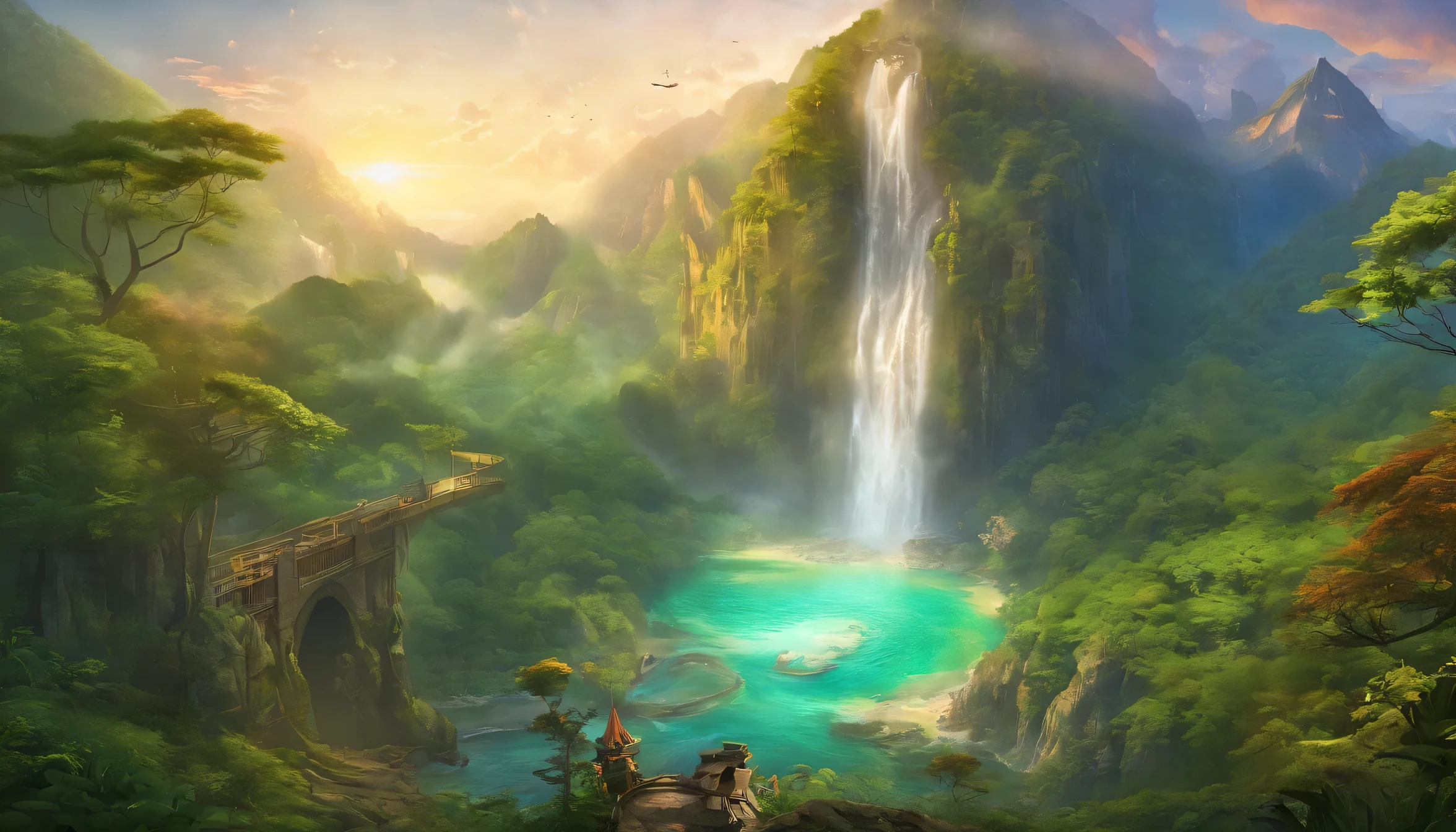 National Geographic-style photos, Awards,(Most detailed: 1.5) Waterfall painting (Emerging from a dragon's head carved into cliff stone: 1.4), There is a huge rock, Above it lies the steep cliff of the mountain. (Giant head of a dragon: 1.3) engraved on it, (Most detailed: 1.3), Large-scale from the mouth, (A magnificent waterfall pours down、Gushes out: 1.4), The waterfall has several levels, You can see the force of the water falling, Water falls into a huge pool, Of crystal clear water, In many shades of vibrant color, Full spectrum of green, green, Lush and green, The water is calm, And clear, Eagles flying, long way to go, (The sun rises、Reflected in the pool: 1.4), Tropical forest background, And the mountains on the horizon, (Realistic: 1.2), 16k, born, Awards, (Most detailed: 1.5), masterpiece, highest quality, (Most detailed: 1.3), whole body, Ultra Wide Shot