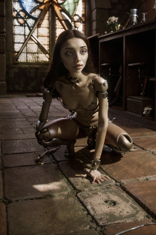 Tim Burton inspired, Esao Andrews, half-turn porcelain cute cyborg girl, mega detailed cyborg body, rusty beautiful cyborg, mechanical gear parts on the body, biomechanical beauty, white (((with rust))) biomechanical parts, Esao, electrical sensors and wires, droid, mega realistic, in Stained glass window, roses te the scene, light filtering through, vibrant reds, greens, purples, intricate lead came, shadows play on the stone floor of a medieval chapel, gothic gothic architecture looms in