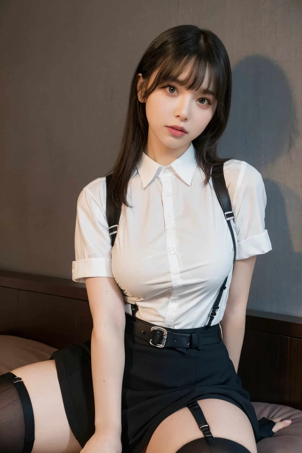 suspenders　　　Large swollen breasts　　 　 　　　　Black mini skirt　garter belt　Knee-high socks　　　　　　　bangs 　　　　　Beauty　　Hands up　　 　　Black boots 　　　　one person 　　　Dress shirt　　　　　　With your hands behind your back　Armament　holster　　A room at the Belt Hotel　Bed　Wall side 　Armpit sweat 　Spread your legs　Panty shot　