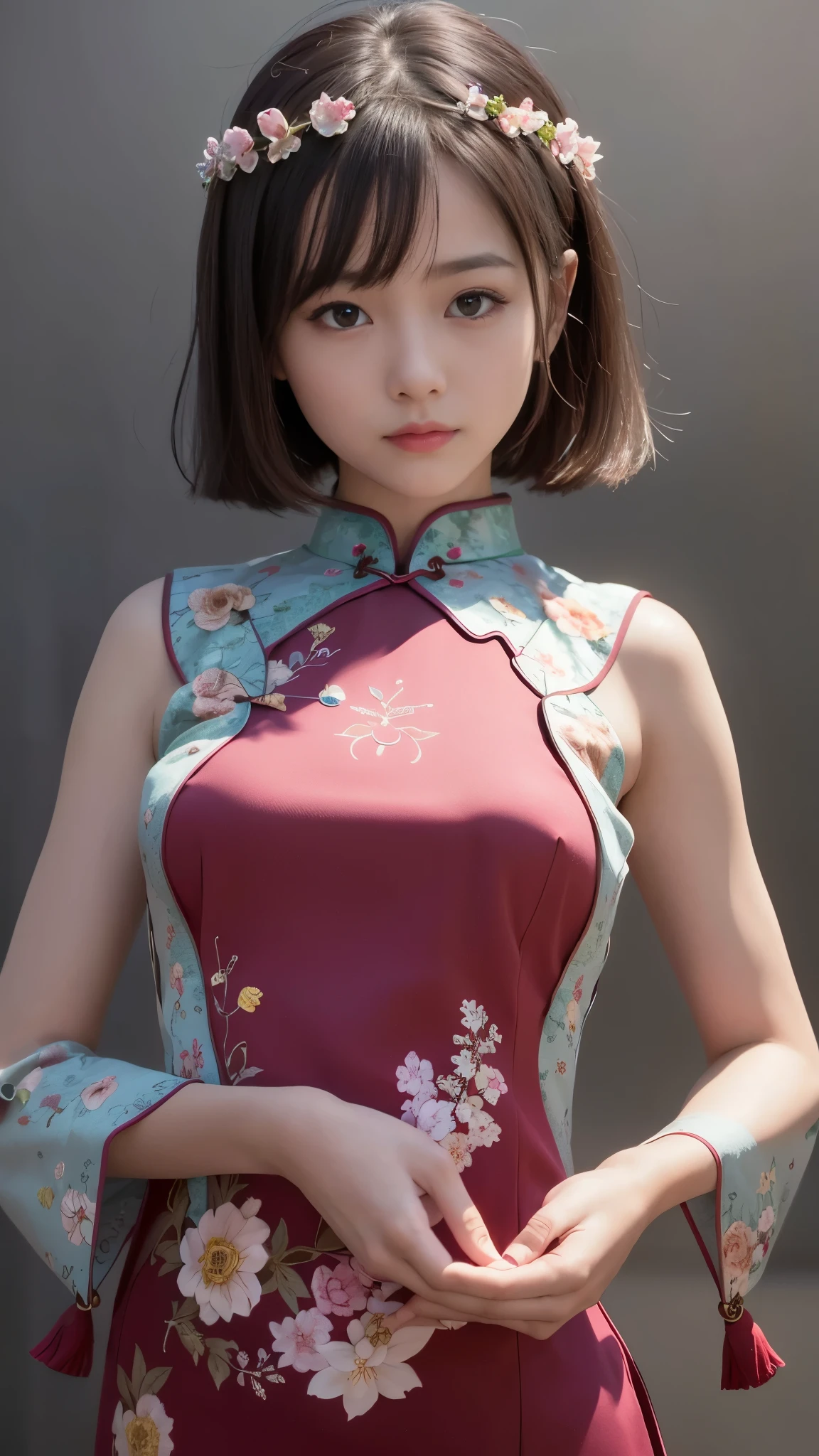 ((highest quality, 8K, masterpiece)), (whole body), (8-Head Beautiful Girl), (Cute cheongsam:1.4), (Beautiful small face:1.2), Tyndall effect, Dark studio, Rim Light, Two-tone lighting, (High resolutionの肌:1.2), Ultra HD, Digital SLR, Soft lighting, Volumetric lighting, Candid photos, High resolution, (Photorealistic:1.3), (Accurate Shadows:1.2), (Perfect body), (Beautiful breasts), (Detailed eyes and face:1.2), (Detailed hands:1.2), ( girl's small hand:1.3), (Perfect Anatomy:1.3), A single photo, (View the viewer), (smile), (Chest Opening:1.3)