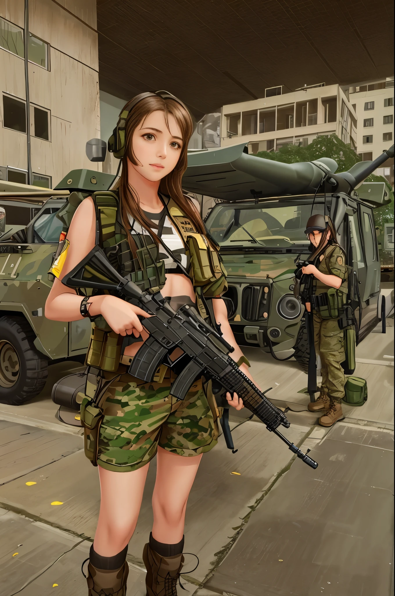 One girl, alone, Long Hair, Brown Hair, Black Hair, belly button, Holding, arms, Shorts, abdomen, Holding arms, gun, army, Headphones, Holding gun, rifle, handgun, headset, Realistic, assault rifle, Camouflage, M4 carbine, Load-bearing vest,Wearing epTactical
