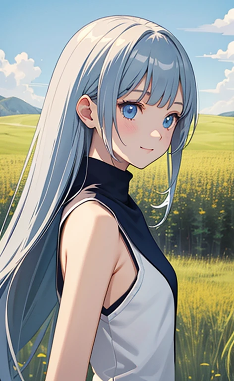 (masterpiece:1.4、top-quality、illustration)、(character focus、,upper body:1.3)、(1girl),(happy:1.3),(exact limbs:1.4),cute face,blue eyes、(tareme:1.3)、(from below:1.4),
(from side,looking afar:1.5),(stand:1.4),、
(blue grey hair),(long hair:1.5)、
,(meadow:1.3),(sleeveless turtleneck sweater:1.5),
(blunt bangs),(sidelocks:1.3), (small breasts)、
、slender、