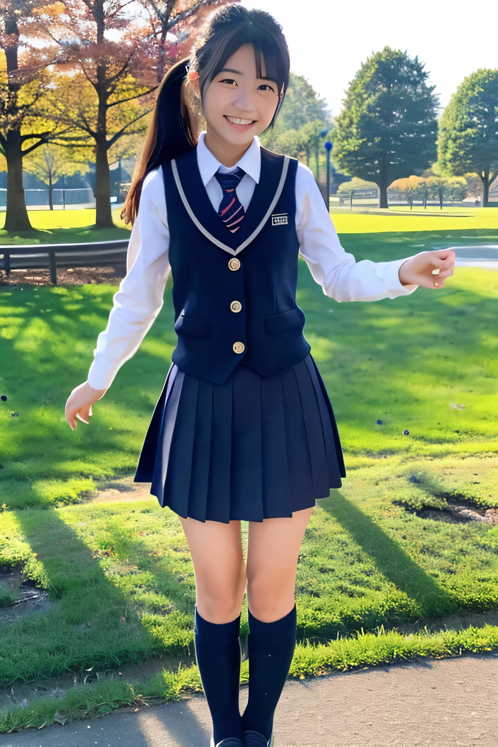 ((masterpiece)), japanese, (a girl), (18 years old), (((school uniform))), smiling, a park, dark blue knit vest, thighs, 