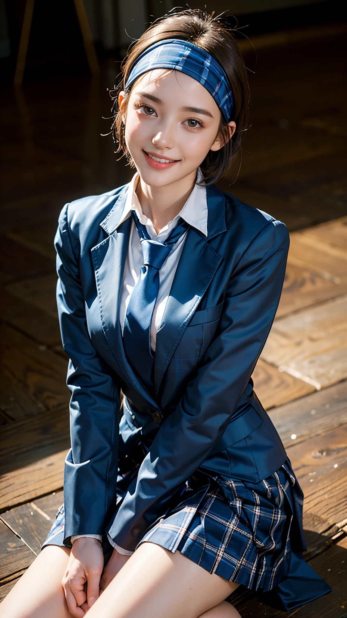 highest quality, masterpiece, Ultra-high resolution, (Realistic:1.6), (Kneeling portrait) RAW Photos, 1 girl, 20-year-old,((A high with a blazer and a blue checked miniskirt)),((Blouse with blue checked tie)),((short hair)),((Wear a headband)),((Looking up at the audience)),Realistic,((background)), Image Media Chest)),((Smiling with teeth showing)),