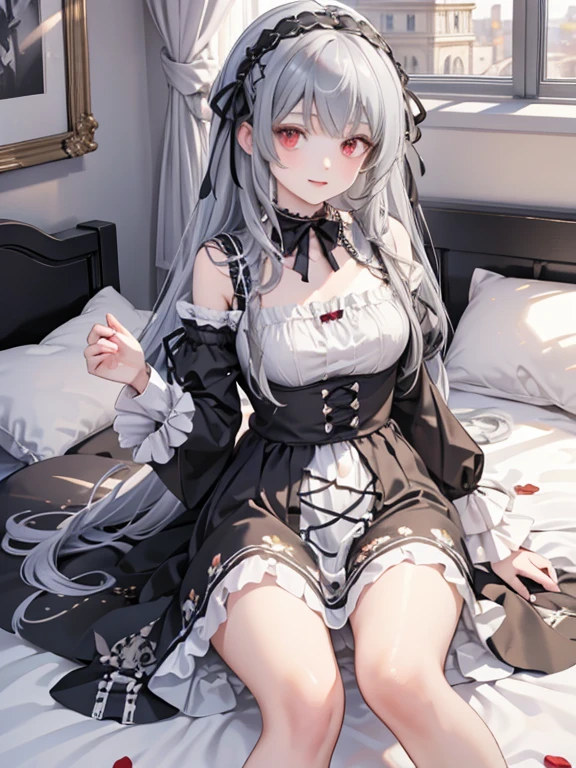 masterpiece, highest quality, Very detailed, 16k, Ultra-high resolution, Cowboy Shot, One ****************, Detailed face, Perfect Fingers, sui1,Mercury lamp, Red eyes, Long Hair, Gothic Dress, Gray Hair, Floral Hair Ornament, Long sleeve, Gothic Headband, ribbon, Black Dress, White panties, classical European style bedroom, bed, Lie down with one leg up