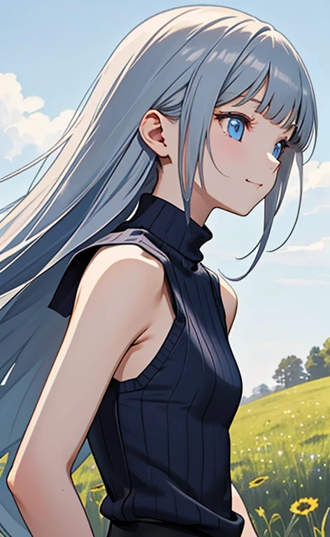 (masterpiece:1.4、top-quality、illustration)、(character focus、,upper body:1.3)、(1girl),(happy:1.3),(exact limbs:1.4),cute face,blue eyes、(tareme:1.3)、(from below:1.4),
(from side,looking afar:1.5),(stand:1.4),、
(blue grey hair),(long hair:1.5)、
,(meadow:1.3),(sleeveless turtleneck sweater:1.5),
(blunt bangs),(sidelocks:1.3), (small breasts)、
、slender、