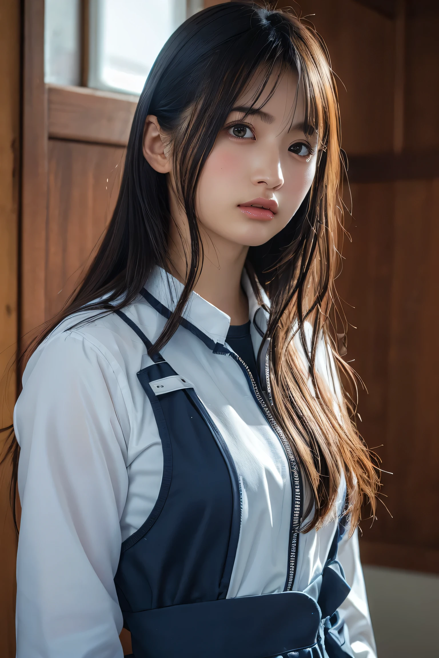 A cute high school girl is , tied up by the hands, chest and arms, and held captive in a mountain hut.