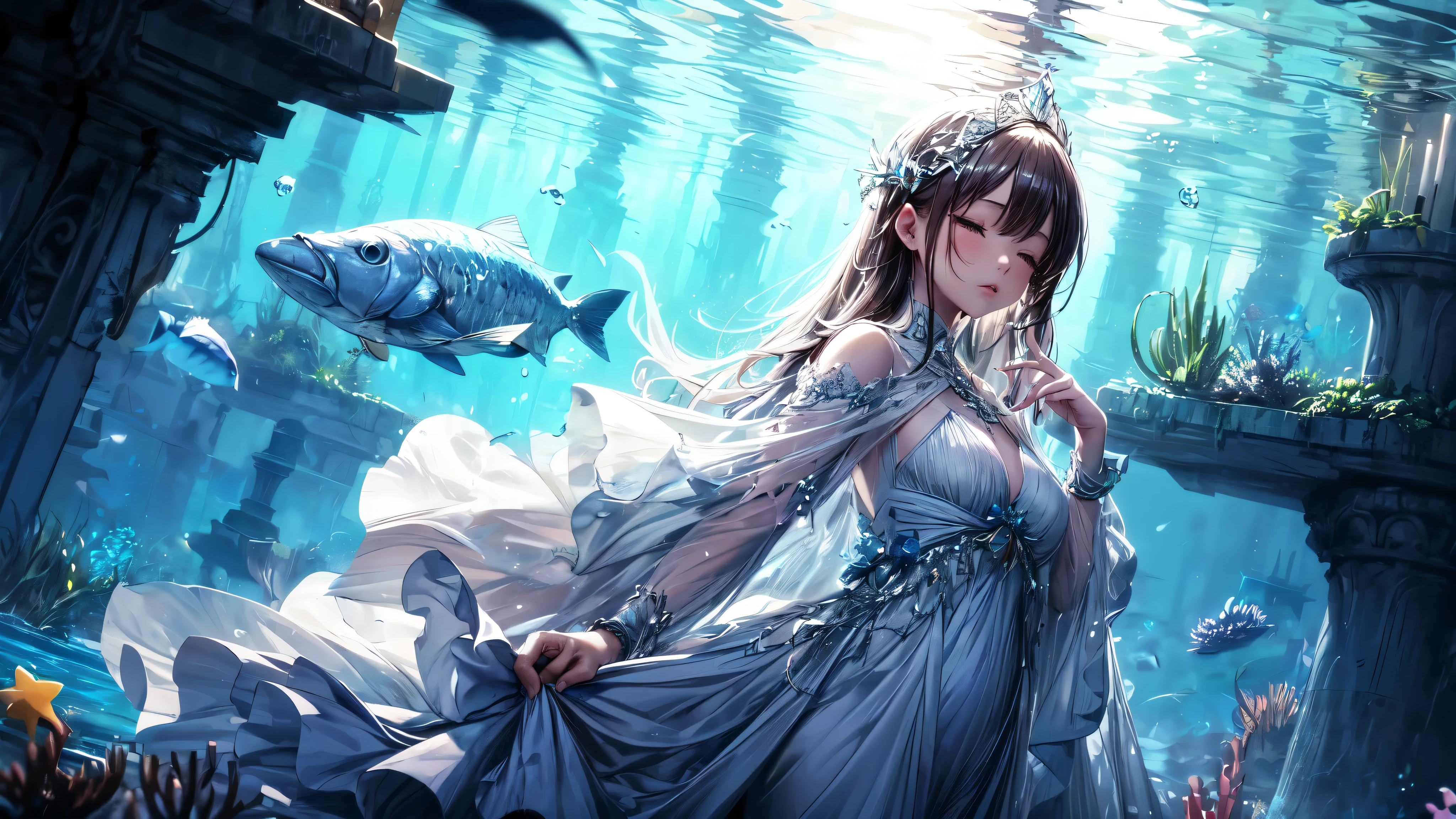 Girl wearing a blue and white dress on the seabed amid giant tentacles (hiperdetalhado 1.3) 8k, solar reflections in water, oequenos cardumes de peixe em volta dos personagens, brown hair floating in water, Dress details float on water, bare foot