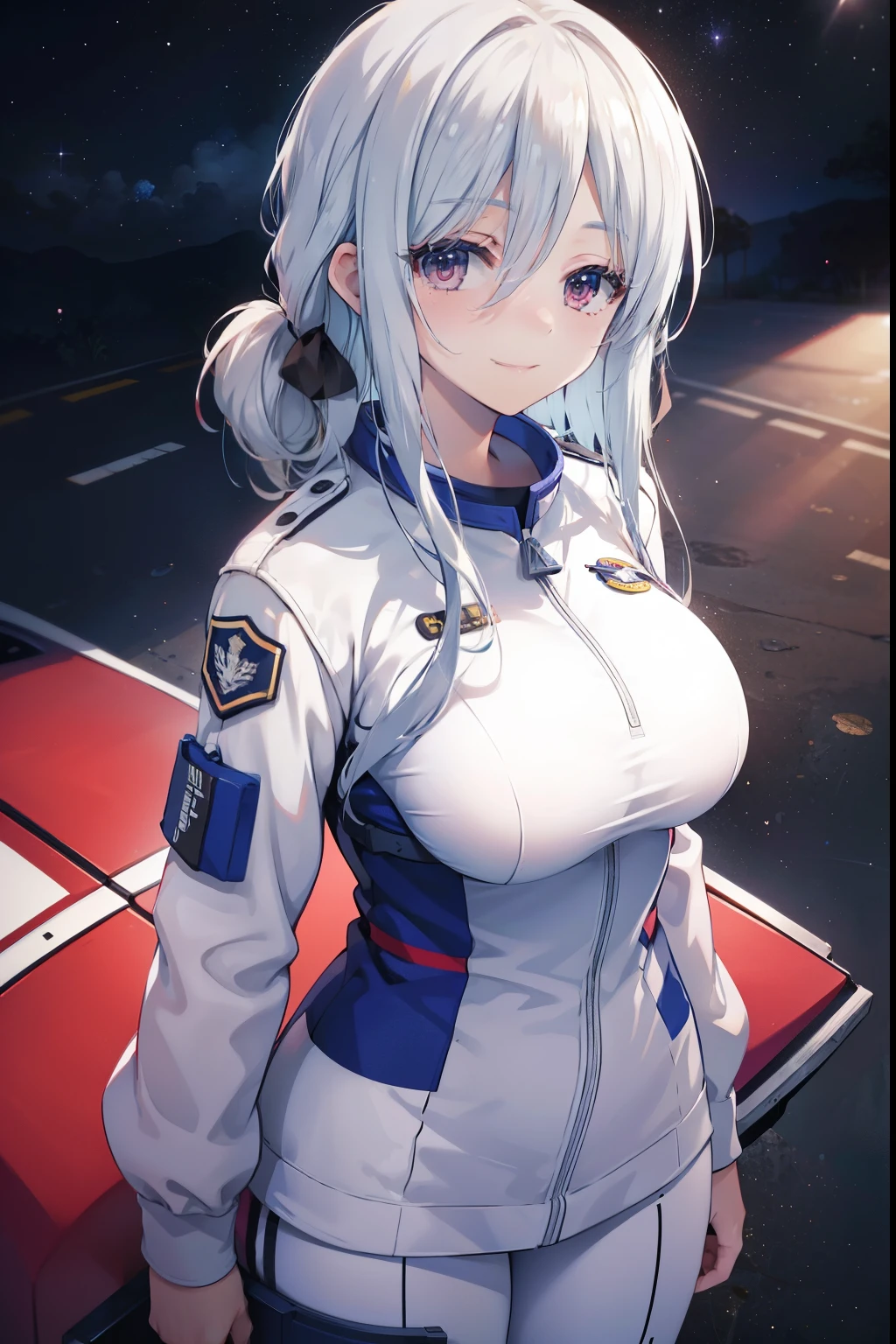  1woman,adult,big breast,25 years old,white hair, medium hair, astronaut uniform, standing, half Body photo, red eyes, bangs, smile