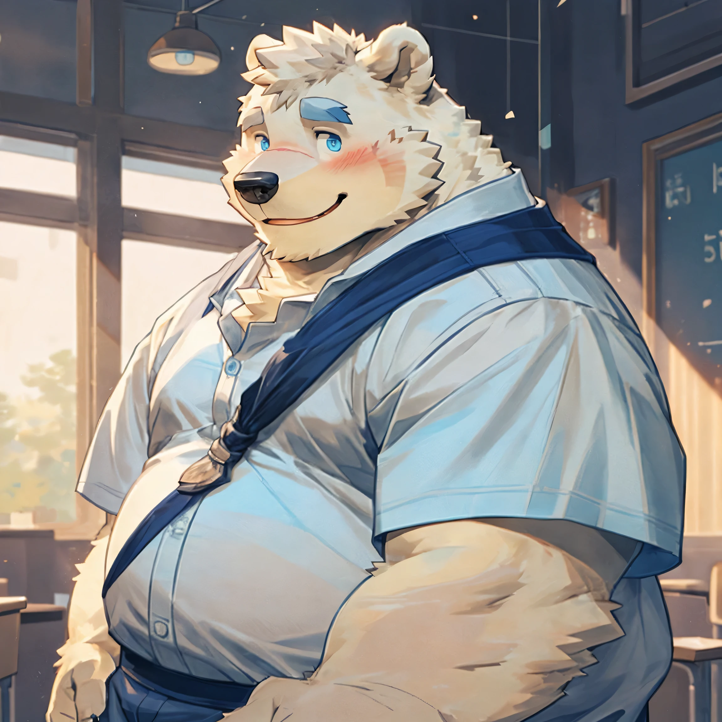 masterpiece, best quality, 8k resolution, Very detailed, hairy,Polar Bear,Blue Hair,Blue Eyes,Chubby,Chubby face,Blushing,portrait,For the audience,white shirt(loose),Smile,classroom,Highest quality scene,Solitary,solitary