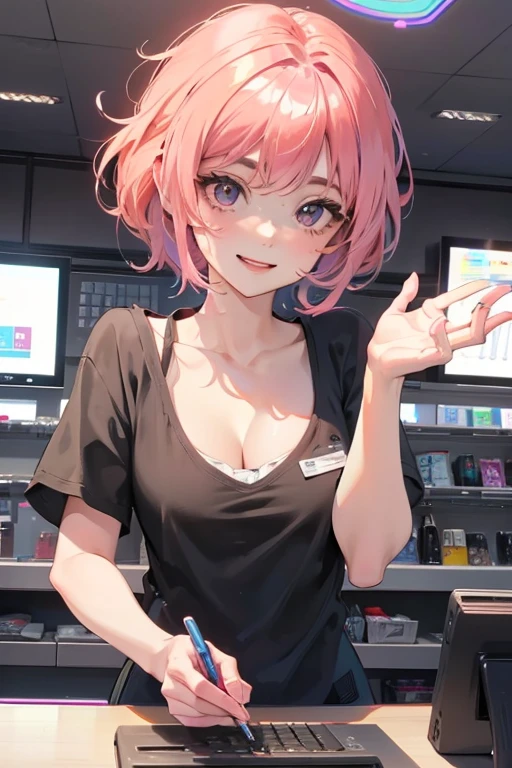 1girl,solo,cute,pink hair and short hair,black shirt,cleavage,she is clerk,in convenience store,cash register on counter,smile,from the front