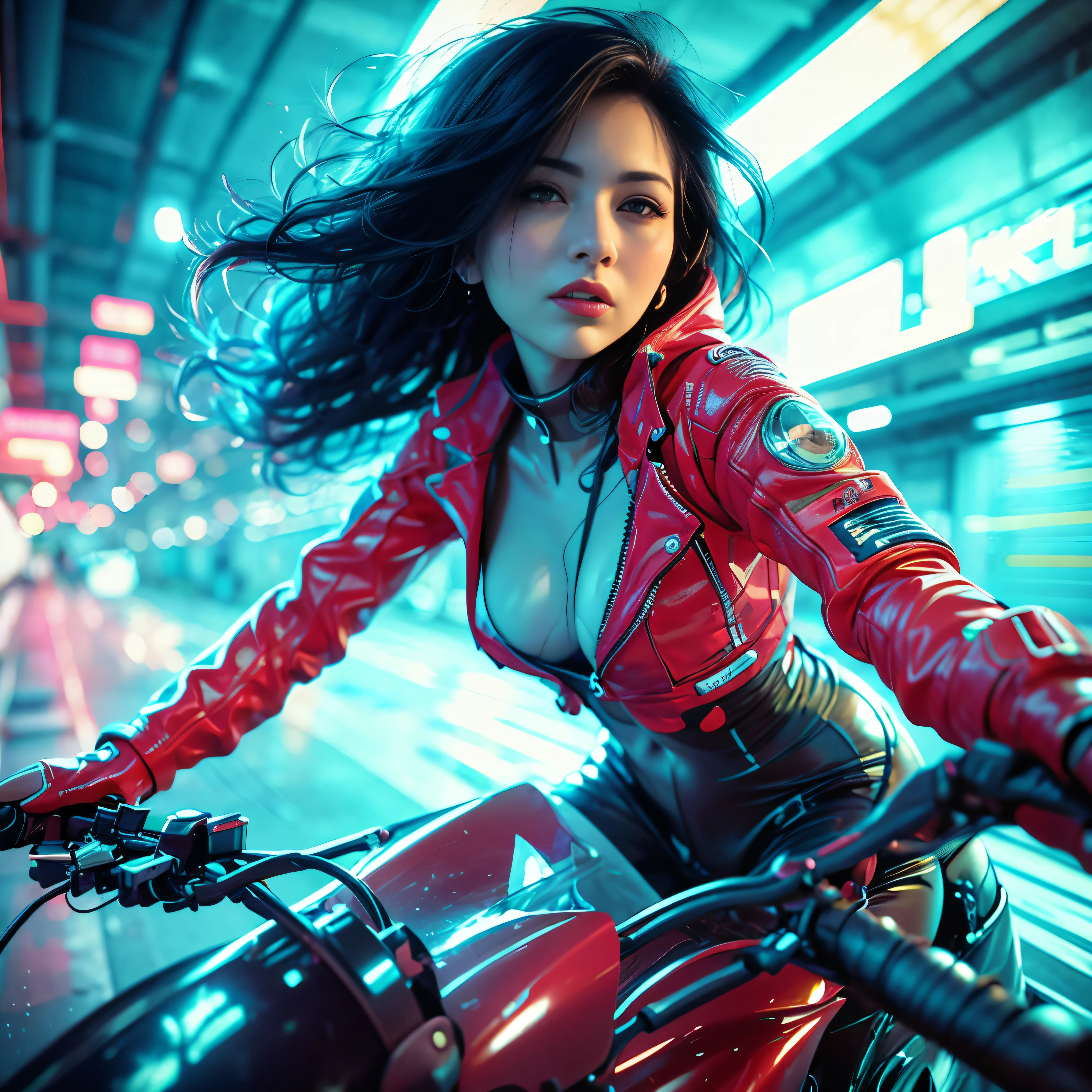 (highest quality、4k、8k、High Resolution、masterpiece: 1.2)、Super detailed、(Real、Photorealistic、Photorealistic: 1.37)、photograph、(Close-up of face from the front and side:1.7)、((A young and extremely beautiful woman))、The woman is wearing protective gear、(Ride a bike and gallop)、(Lean the bike around the corner)、(Flowing hair and flowing clothes、background、motion blur effect:1.37)、spark、incandescent lamp、Neon color、Future City、Vibrant streets、Light reflections on wet sidewalk、skyscraper、Sculptural architecture、Holographic Signage、Stylish and sophisticated design、Blurred motion of speeding vehicles、energy and excitement in the air、(Windy atmosphere)、Moonlit cityscape、xuer future motorcycle