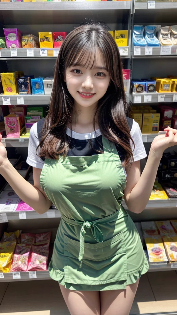 (highest quality、table top、8K、best image quality、Award-winning work)、a woman working at a convenience store、(The most natural and perfect green plain simple apron:1.2)、classy shirt、(big breasts:1.1)、(emphasize body line:1.1)、(standing elegantly:1.1)、beautiful woman portrait、The most natural and perfectly organized convenience store、Convenience store shelves in the background、Perfectly organized shelves、Regularly arranged natural product shelves、(very bright and vivid:1.2)、Strongly blurred background、look at me and smile、(accurate anatomy:1.1)、Super high resolution perfect beautiful teeth、Ultra high definition beauty face、ultra high definition hair、Super high-definition sparkling eyes、(Shining beautiful skin with ultra-high resolution:1.3)、(Shining beautiful skin:1.2)、Super high resolution glossy lips